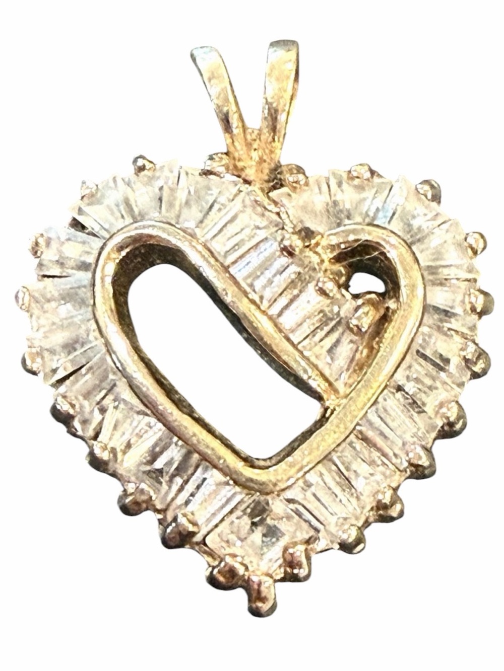 Vintage JJT 925 Sterling Silver Gold Vermeil Baguette CZ Open Heart Pendant
